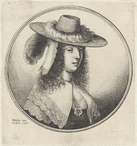 Vrouw met kanten kraag en gepluimde hoed by Wenceslaus Hollar
