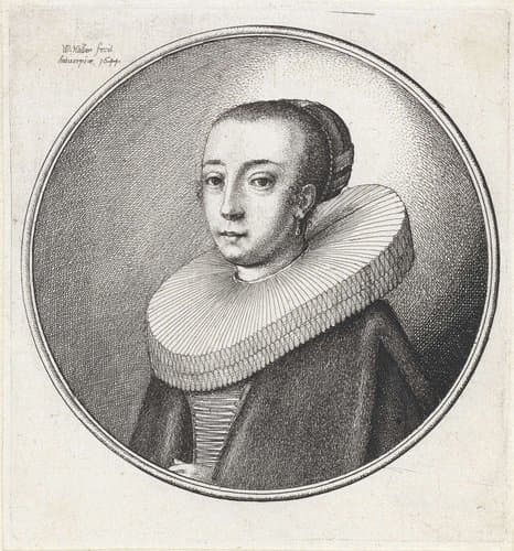 Vrouw met brede stijf geplooide kraag en opgestoken haar by Wenceslaus Hollar