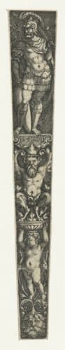 Ornament met kind, sater en krijgsman by Monogrammist IB (16e eeuw)