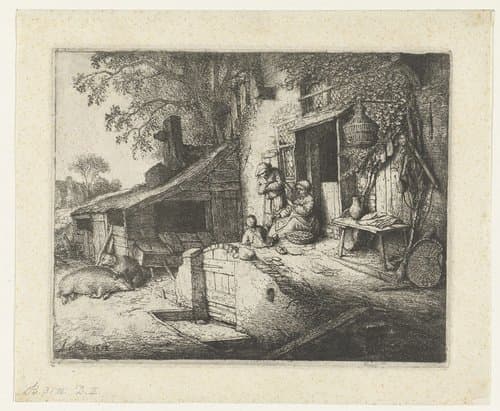 Spinnende vrouw voor een huis by Adriaen van Ostade