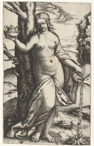Halfnaakte vrouw geeft een plant water by Marcantonio Raimondi