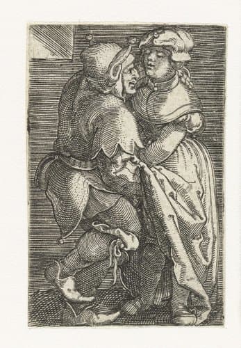 Nar met hand onder rokken van meisje by Barthel Beham