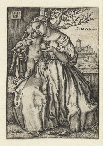 Maria met kind en papegaai en peer by Hans Sebald Beham