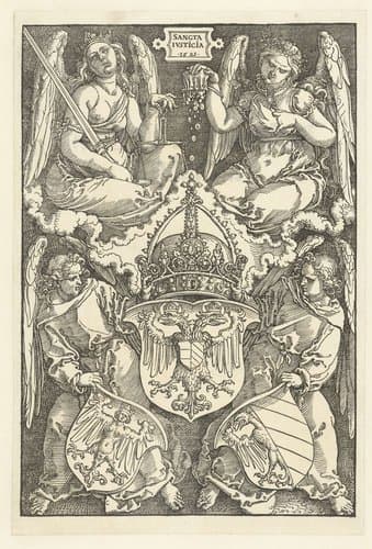 Allegorie met het wapenschild van het keizerrijk en twee wapenschilden van de stad Neurenberg by Albrecht Dürer