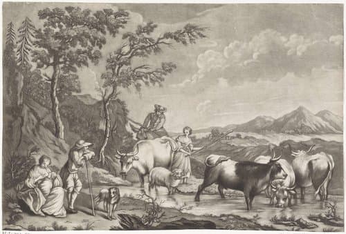 Landschap met herders en vee bij een rivier by anonymous