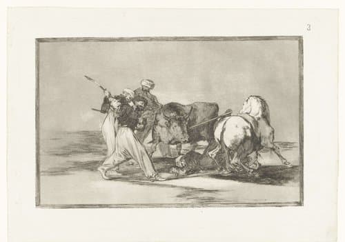Vier mannen jagen op een stier by Francisco de Goya