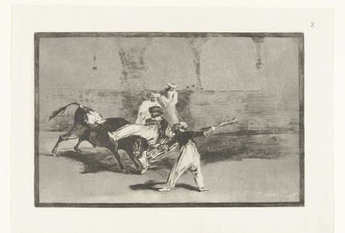 Stier wordt gegrepen door stierenvechters by Francisco de Goya