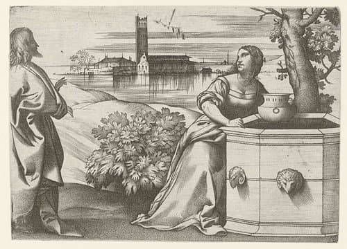 Christus in gesprek met Samaritaanse vrouw bij bron by Giulio Campagnola