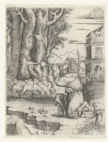 Herder blaast op schalmei bij kudde schapen in landschap by Benedetto Montagna