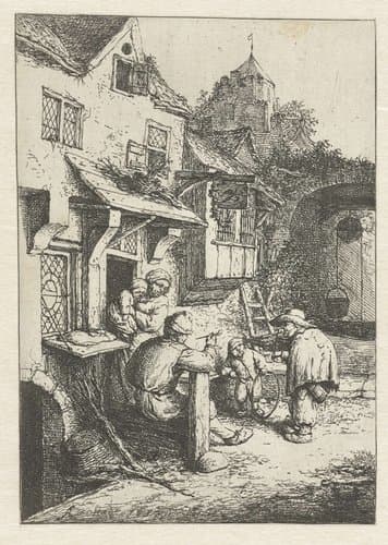 Gebochelde vioolspeler voor een herberg by Adriaen van Ostade