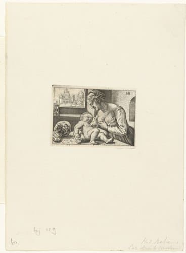 Maria geeft kind de borst en schedel by Hans Sebald Beham