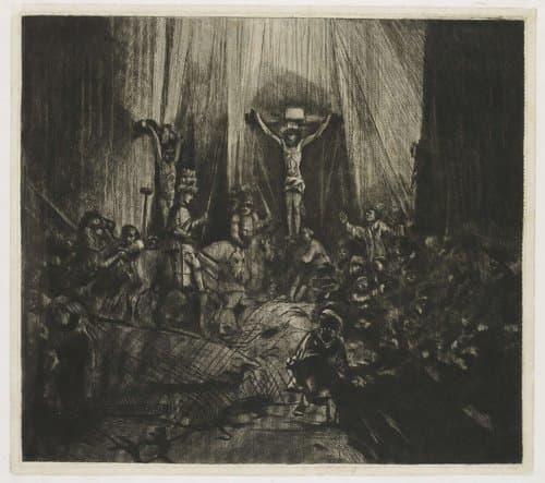 Christ Crucified between the two Thieves: 'The Three Crosses' by George Bickham (II); Rembrandt van Rijn