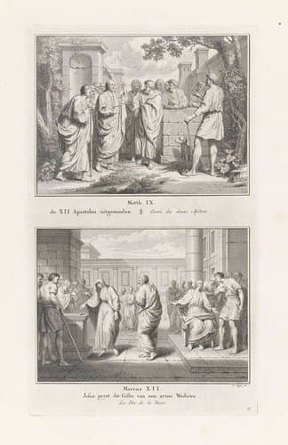 Uitzending van de twaalf apostelen / Christus prijst de arme weduwe by Pieter Tanjé