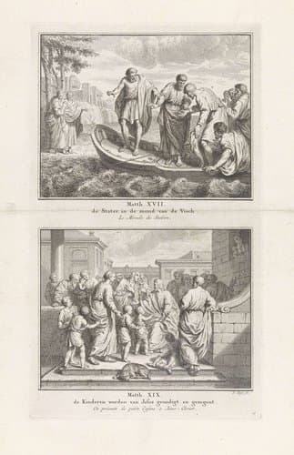Petrus vindt een munt in de bek van een vis / Christus zegent de kinderen by Pieter Tanjé