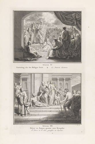 Uitstorting van de Heilige Geest / Petrus en Johannes genezen een verlamde man by Pieter Tanjé