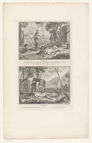 De Priester en Levit gaan den gewonden zonder mededogen voorbij / De Barmhartige Samaritaan by Claude Augustin Duflos