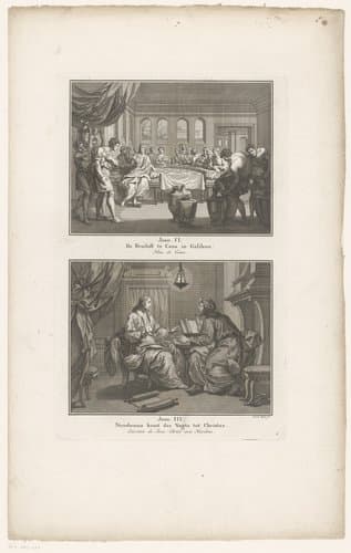 De Bruiloft te Cana in Galileen / Nicodemus komt des Nagts tot Christus. by Claude Augustin Duflos