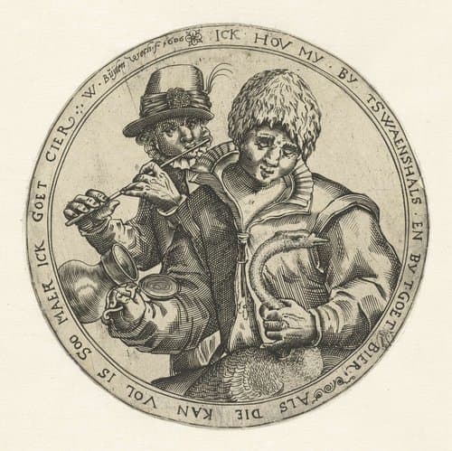 Man met een zwaan en kruik en een fluitspeler by Willem Pietersz Buytewech