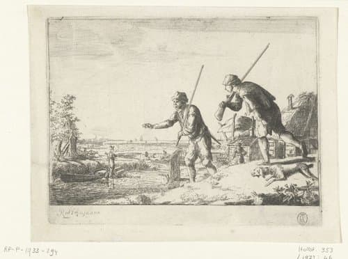 Twee soldaten bij de over van een rivier by Romeyn de Hooghe