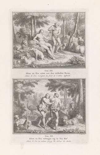 Adam en Eva eeten van den verboden Boom (...) / Adam en Eva verbergen zig in den Hof (...) by Pieter Tanjé