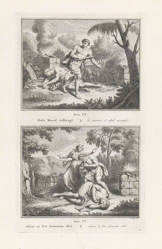 Kaïn vlucht na de moord op Abel / Adam en Eva bewenen Abel by Pieter Tanjé