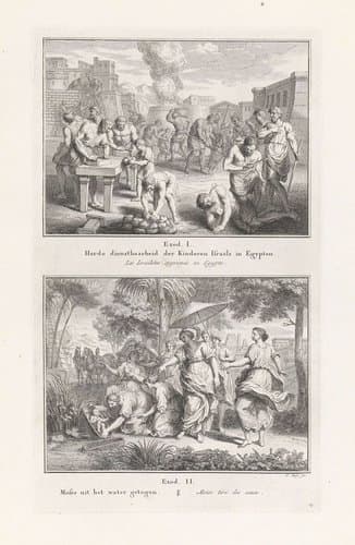 Harde dienstbaarheid der Kinderen Israëls in Egypten (...)/ Moses uit het water getogen (...) by Pieter Tanjé