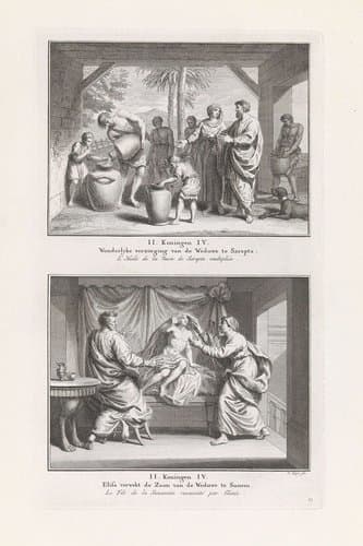 Elisa helpt een arme weduwe / Elisa wekt de zoon van de vrouw uit Sunem op uit de dood by Pieter Tanjé