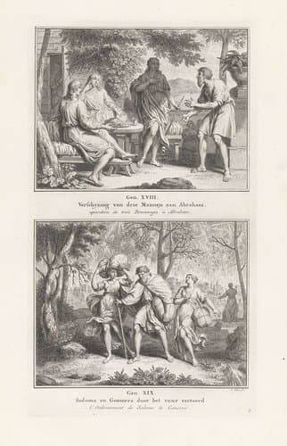 Drie mannen verschijnen aan Abraham / Lot en zijn familie vluchten uit Sodom by Pieter Tanjé