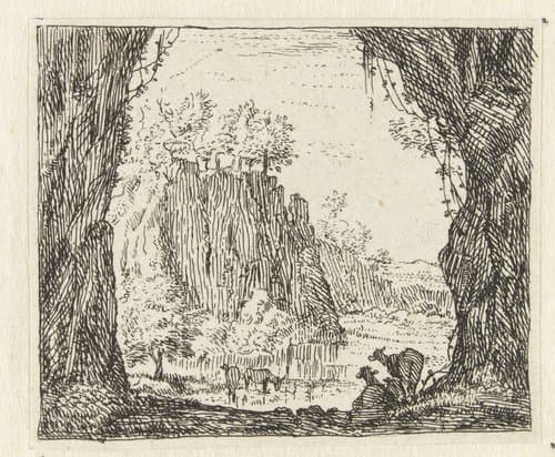 Italianiserend landschap met geiten bij een rivier by anonymous