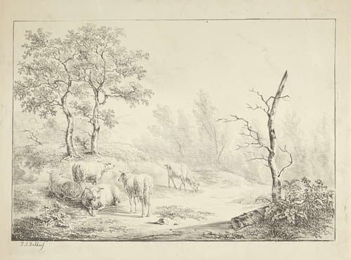 Landschap met schapen en geit by Job Augustus Bakker