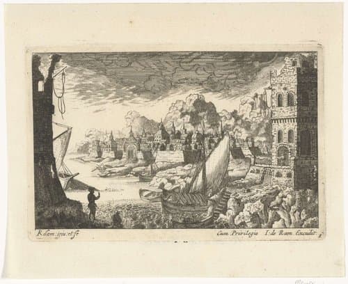 Stadsgezicht met vissershaven en aanmerend bootje