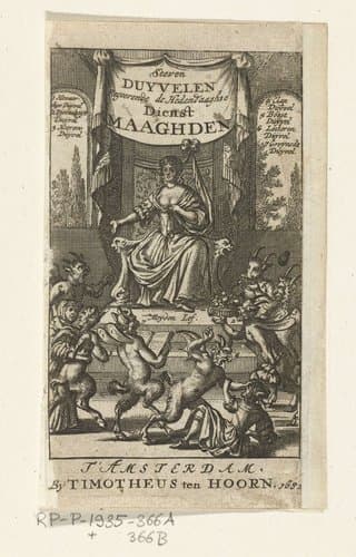 Titelpagina voor Simon de Vries, Seven Duyvelen regeerende en serveerende de Hedendaeghsche Dienstmaegden, Amsterdam, 1682