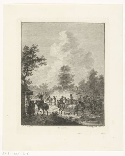 Een groep cavaleriepaarden bij een herberg by Joannes Bemme
