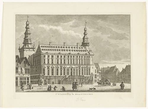 Stadsgezicht met stadhuis te Maastricht by Carel Frederik Bendorp (I)