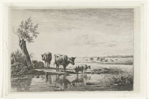 Weidelandschap met koeien bij water by Simon van den Berg