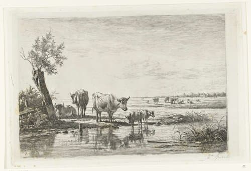 Weidelandschap met koeien bij water by Simon van den Berg