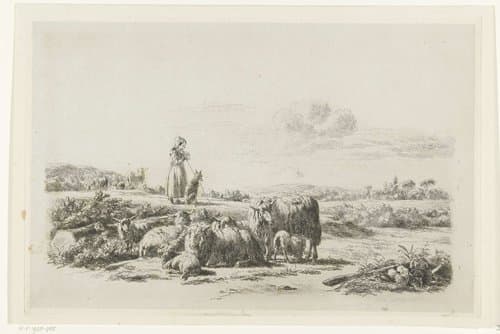 Landschap met herderin en hond bij kudde schapen by Simon van den Berg