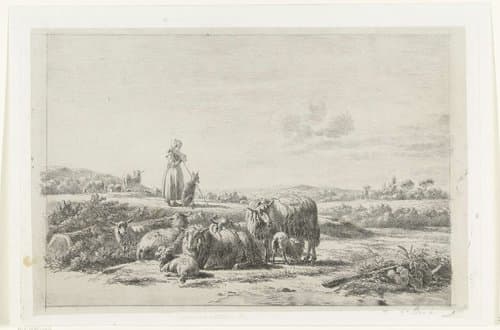 Landschap met herderin en hond bij kudde schapen by Simon van den Berg