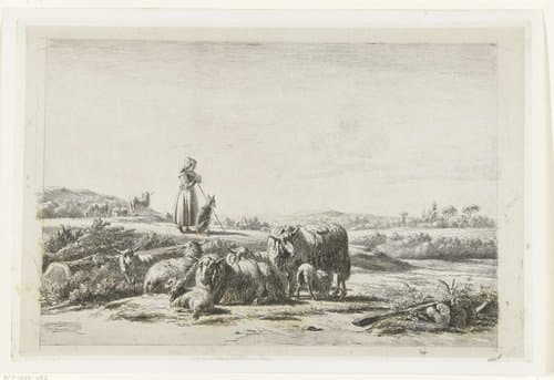Landschap met herderin en hond bij kudde schapen by Simon van den Berg