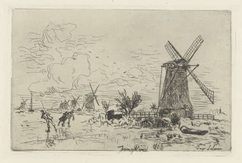 Landschap met molens en schaatsers by Johan Barthold Jongkind