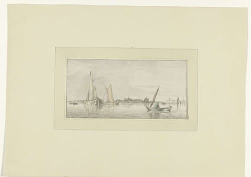 Riviergezicht met een stad op de achtergrond by Johannes Körnlein
