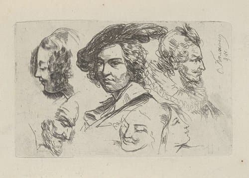 Studieblad met zes koppen by Cornelis Kruseman