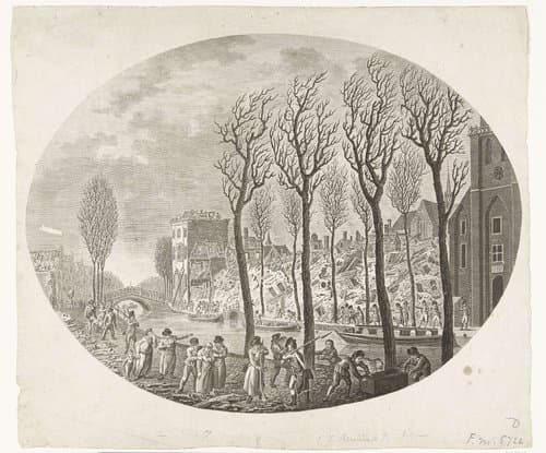 Puinhopen aan het Rapenburg na de ramp van Leiden by Joannes Bemme