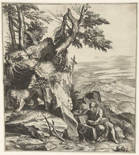 Landschap met lezende Hieronymus by Cornelis Cort