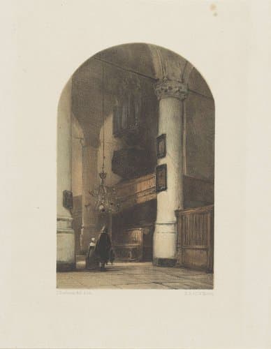 Kerkinterieur met twee figuren en orgel by Johannes Bosboom