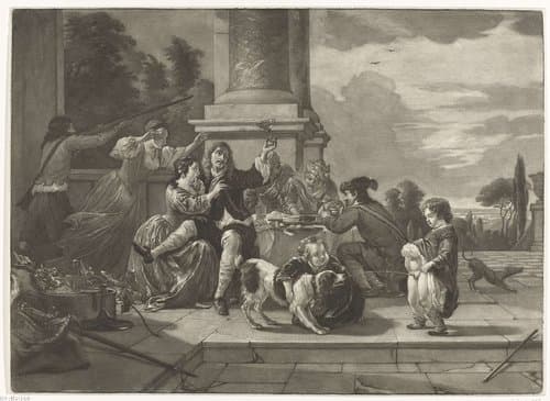 Vrolijk gezelschap op een terras by Nicolaas Verkolje