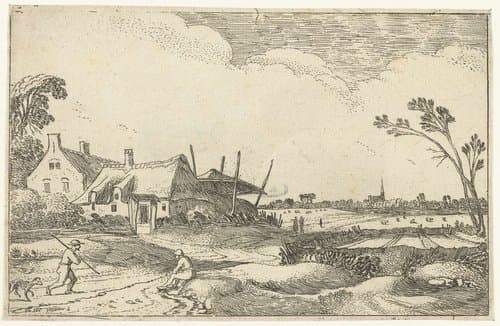 Boerderij aan een pad en vergezicht over velden by Esaias van de Velde