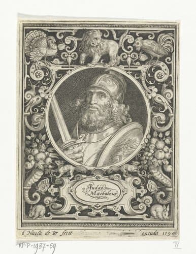 Portret van Judas de Makkabeër in medaillon binnen rechthoekige omlijsting met ornamenten by Nicolaes de Bruyn