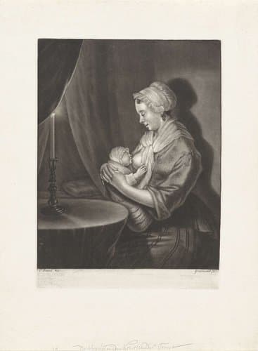 Een vrouw geeft een kind de borst, bij kaarslicht by John Greenwood