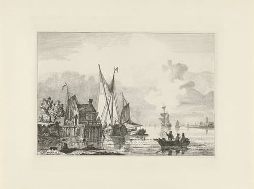 Riviergezicht met aangemeerde zeilschepen by Willem Gruyter jr.